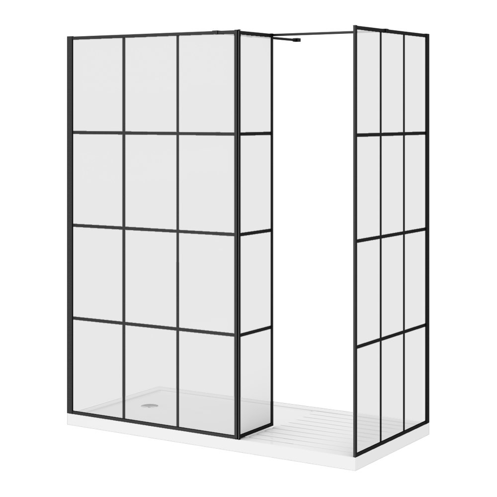 Arezzo 1700 X 800 Matt Black Grid Wet Room Main Screen Incl Hinged Return Side Panel Tray 1477