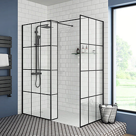 Arezzo 1700 x 800 Matt Black Grid Wet Room (Main Screen incl. Hinged Return, Side Panel + Tray)