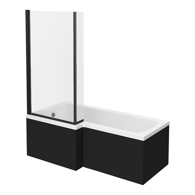 Arezzo 1700mm L-Shaped Shower Bath with Matt Black Screen & Panel