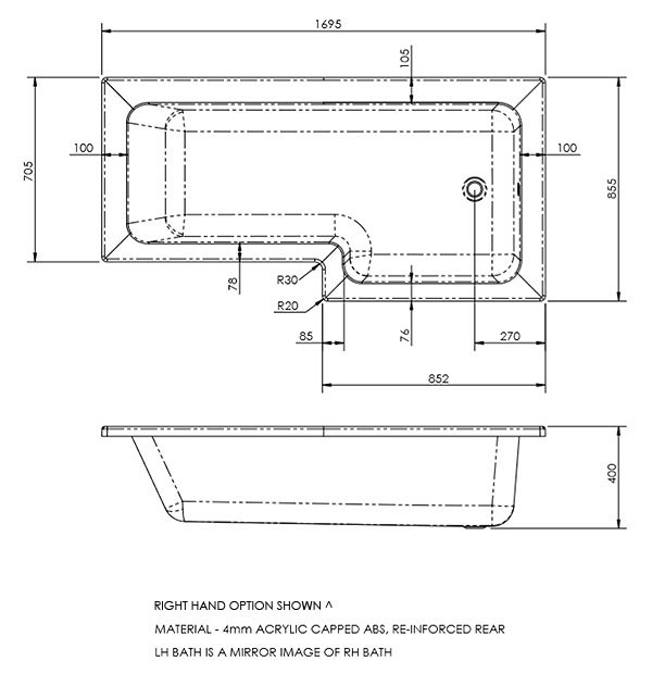 Arezzo 1700mm L-Shaped Shower Bath with Matt Black Screen & Panel