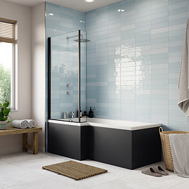 Arezzo 1700mm L-Shaped Shower Bath with Matt Black Screen & Panel