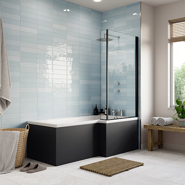 Arezzo 1700mm L-Shaped Shower Bath with Matt Black Screen & Panel