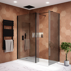 Arezzo 1900mm Grey Tinted Glass Wetroom Screen with Matt Black Profile and Support Arm