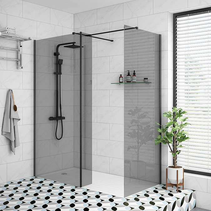 Arezzo 1900mm Grey Tinted Glass Wetroom Screen Inc. Matt Black Profile + Support Arm Large Image