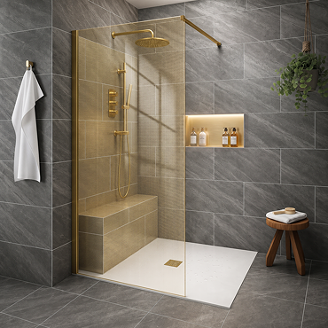 Arezzo 1950mm Brushed Brass Mesh Glass Wetroom Screen with Square Support Arm