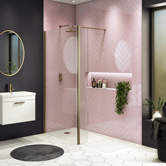 Arezzo 1950mm Brushed Brass Profile Wetroom Screen + Square Support Arm  Standard Large Image
