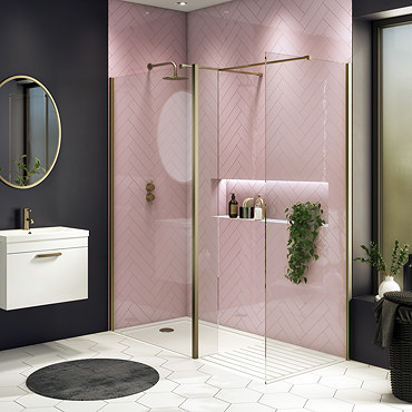 Arezzo 1950mm Brushed Brass Profile Wetroom Screen + Square Support Arm  Profile Large Image