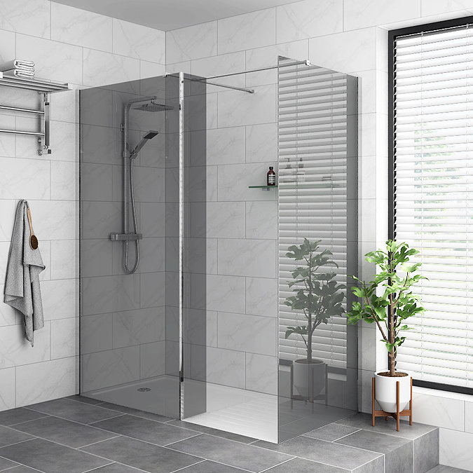 Arezzo 1900mm Grey Tinted Glass Wetroom Screen + Support Arm Large Image