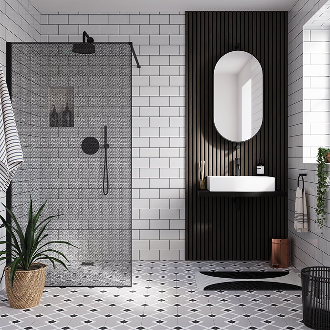 Arezzo Industrial Style Shower Screen - 1950mm Mesh Glass Panel with Square Support Arm