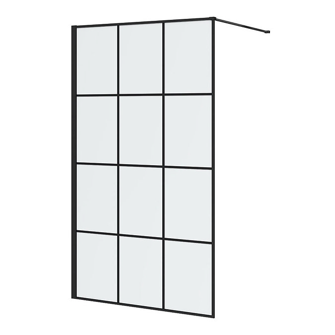 Arezzo W1100 x H1950 Matt Black Grid 8mm Wetroom Screen inc. Support Arm Large Image