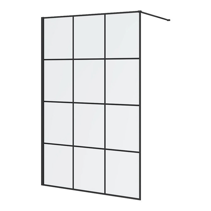 Arezzo W1200 x H1950 Matt Black Grid 8mm Wetroom Screen inc. Support Arm Large Image