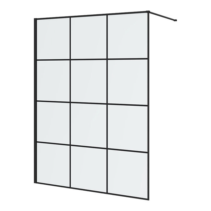 Arezzo W1400 x H1950 Matt Black Grid 8mm Wetroom Screen inc. Support Arm Large Image