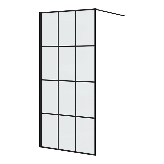 Arezzo W900 x H1950 Matt Black Grid 8mm Wetroom Screen inc. Support Arm Large Image
