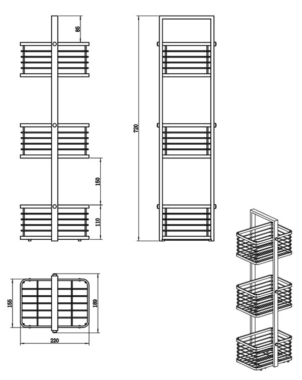 Arezzo 3 Tier Freestanding Shower Caddy Matt Black Victorian