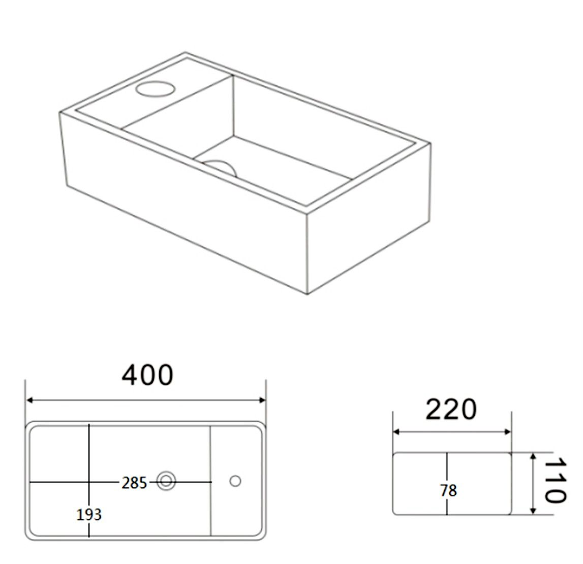 Arezzo 400 x 220mm Rectangular Wall Hung Cloakroom Basin Gloss White