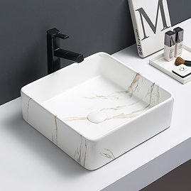 Arezzo 405 x 405mm Square Counter Top Basin - Matt White Marble Effect Large Image