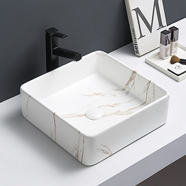 Arezzo 405 x 405mm Square Counter Top Basin - Matt White Marble Effect Large Image
