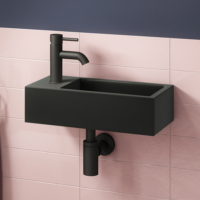 Arezzo LH 410 x 210 Square Wall Hung Basin with Tap Package (Matt Black) Large Image