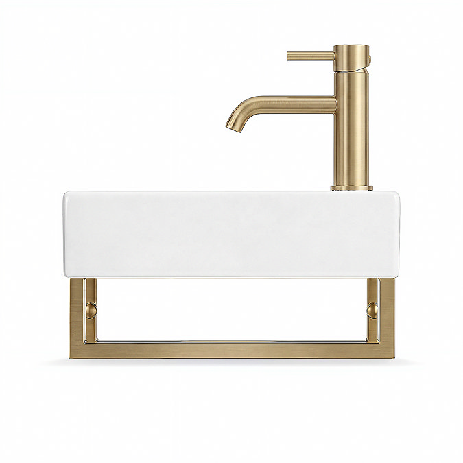 Arezzo 410 x 220mm Gloss White Compact Basin with Brushed Brass Towel Rail Left Hand