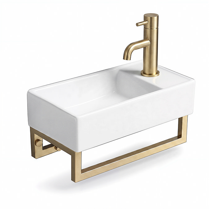 Arezzo 410 x 220mm Gloss White Compact Basin with Brushed Brass Towel Rail
