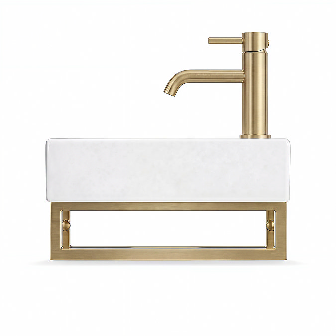 Arezzo 410 x 220mm Gloss White Compact Basin with Brushed Brass Towel Rail
