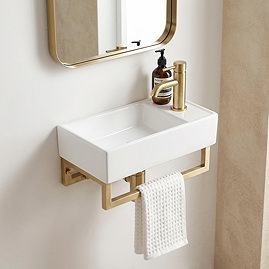 Arezzo 410 x 220mm Gloss White Compact Basin with Brushed Brass Towel Rail