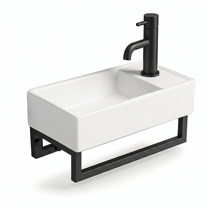 Arezzo 410 x 220mm Gloss White Compact Basin with Matt Black Towel Rail