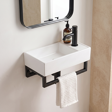 Arezzo 410 x 220mm Gloss White Compact Basin with Matt Black Towel Rail