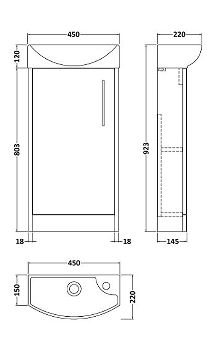 Arezzo Matt Blue 450mm 1TH Floor Standing Cloakroom Vanity Unit Right Hand Basin