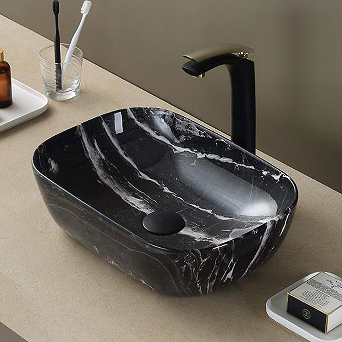 Arezzo 455 x 325mm Curved Rectangular Counter Top Basin - Gloss Black Marble Effect  Profile Large I