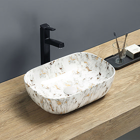 Arezzo 460 x 330mm Rectangular Countertop Basin - White & Gold Marble Effect Large Image