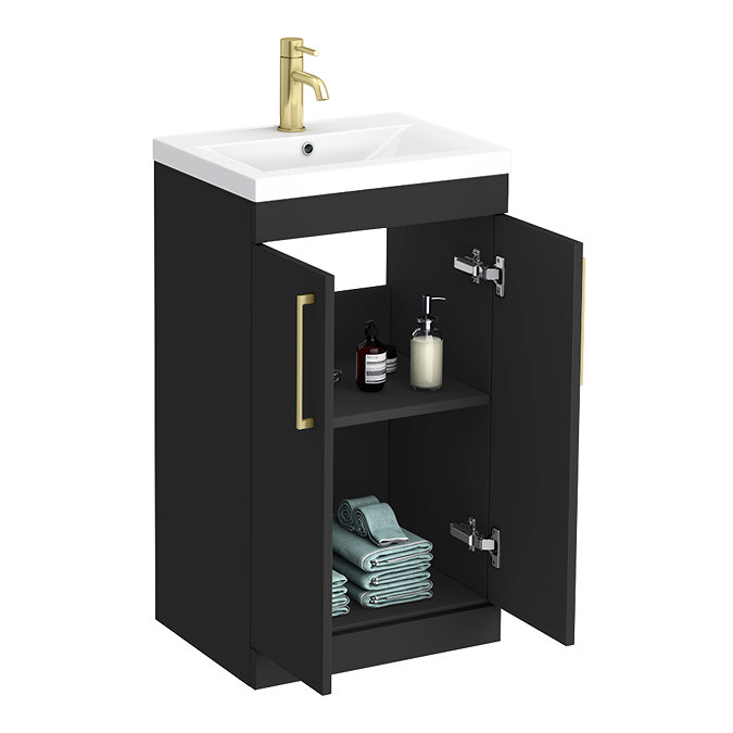 Arezzo 500 Matt Black Floor Standing Vanity Unit with Brushed Brass Handles