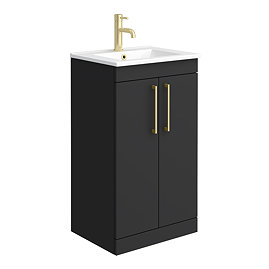 Arezzo 500 Matt Black Floor Standing Vanity Unit with Gloss White Slimline Basin + Brushed Brass Handles