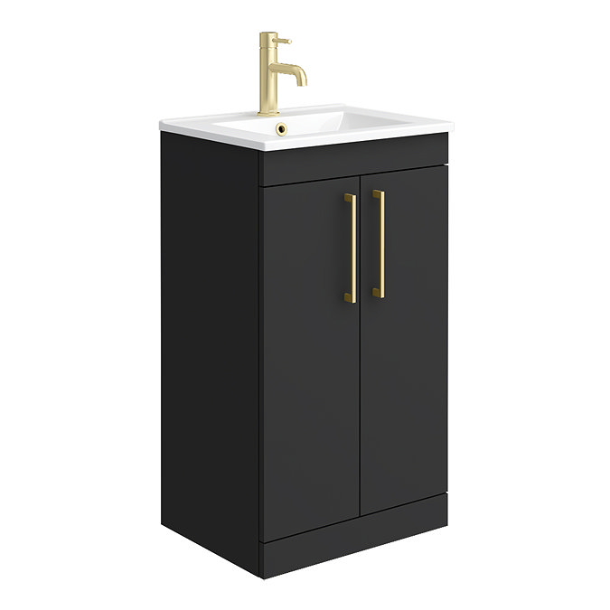 Arezzo 500 Matt Black Floor Standing Vanity Unit with Gloss White Slimline Basin + Brushed Brass Handles