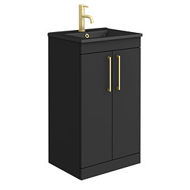 Arezzo 500 Matt Black Floor Standing Vanity Unit with Matt Black Slimline Basin + Brushed Brass Handles