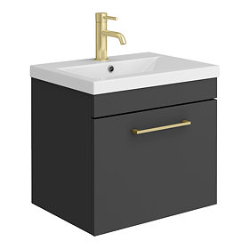 Arezzo 500 Matt Black Wall Hung 1-Drawer Vanity Unit with Brushed Brass Handle Large Image