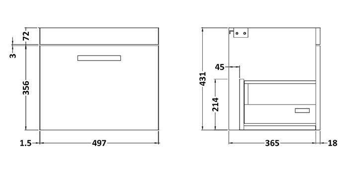 Arezzo 500 Matt Black Wall Hung 1-Drawer Vanity Unit with Gloss White Slimline Basin + Brushed Brass Handle