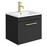 Arezzo 500 Matt Black Wall Hung 1-Drawer Vanity Unit with Gloss White Slimline Basin + Brushed Brass Handle