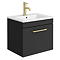 Arezzo 500 Matt Black Wall Hung 1-Drawer Vanity Unit with Gloss White Slimline Basin + Brushed Brass Handle