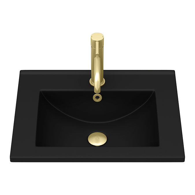 Arezzo 500 Matt Black Wall Hung 1-Drawer Vanity Unit with Matt Black Slimline Basin + Brushed Brass Handle