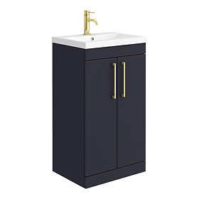 Arezzo 500 Matt Blue Floor Standing Vanity Unit with Brushed Brass Handles Large Image