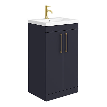 Arezzo 500 Matt Blue Floor Standing Vanity Unit with Brushed Brass Handles Large Image