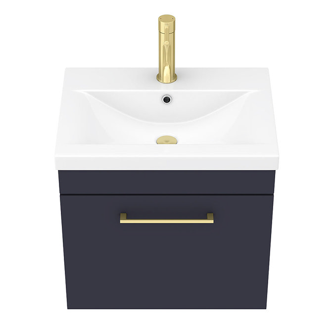 Arezzo 500 Matt Blue Wall Hung 1-Drawer Vanity Unit with Brushed Brass Handle  Standard Large Image