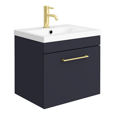 Arezzo 500 Matt Blue Wall Hung 1-Drawer Vanity Unit with Brushed Brass Handle  Profile Large Image