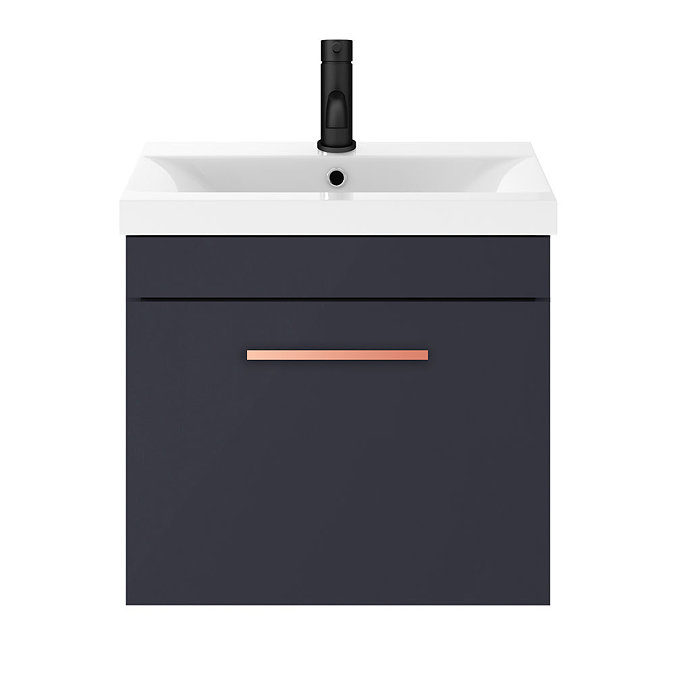 Arezzo 500 Matt Blue Wall Hung 1-Drawer Vanity Unit with Rose Gold Handle Standard Large Image