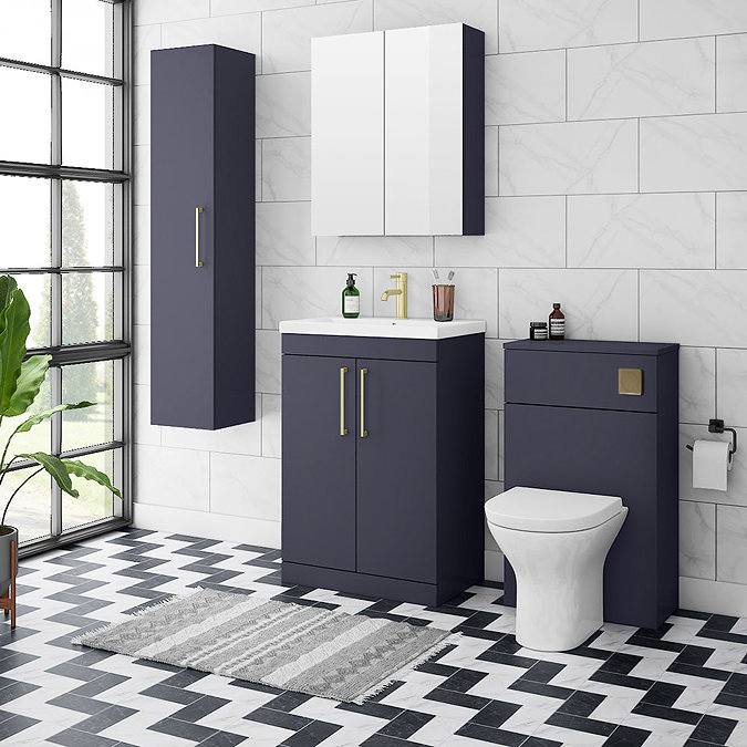 Arezzo 500 Matt Blue WC Unit with Cistern, Brushed Brass Flush + Modern Pan