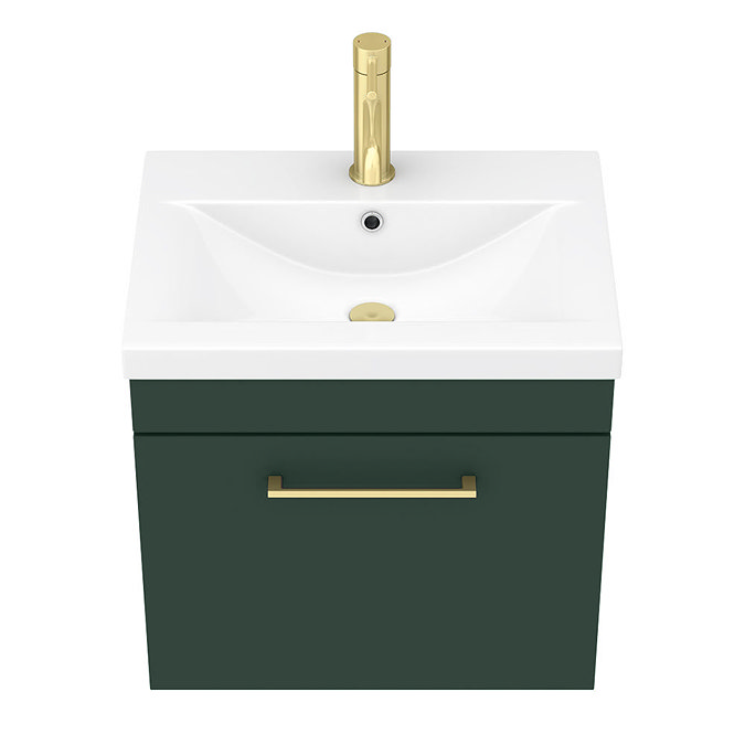 Arezzo 500 Matt Dark Green Wall Hung 1-Drawer Vanity Unit with Brushed Brass Handle