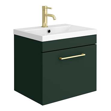 Arezzo 500 Matt Dark Green Wall Hung 1-Drawer Vanity Unit with Brushed Brass Handle