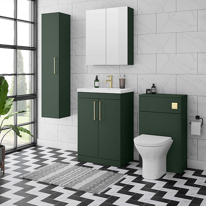 Arezzo 500 Matt Dark Green WC Unit with Cistern, Brushed Brass Flush + Modern Pan