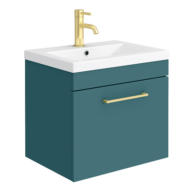 Arezzo 500 Matt Green Wall Hung 1-Drawer Vanity Unit with Brushed Brass Handle Large Image